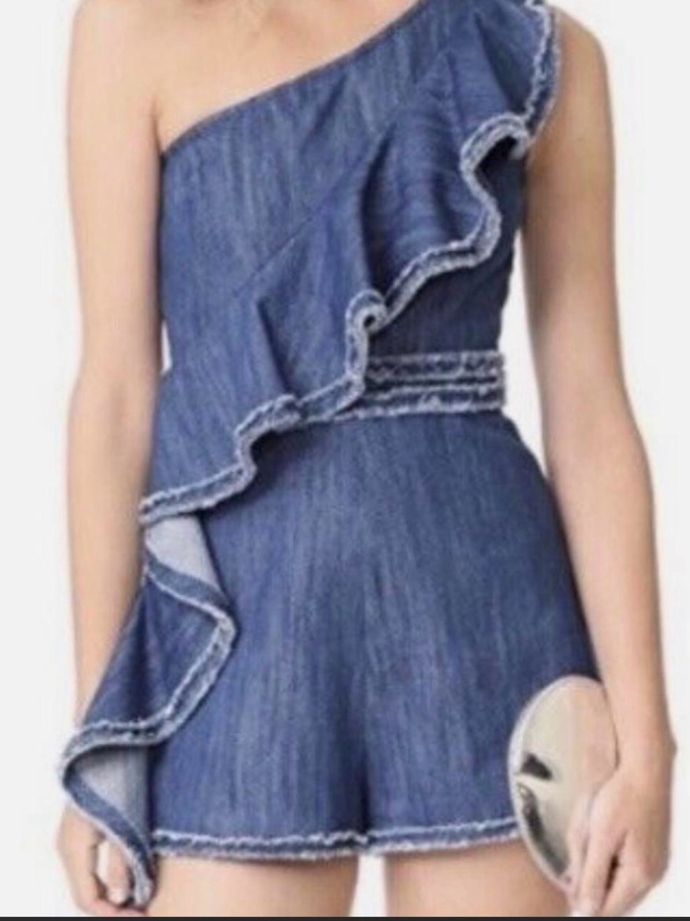 Alexis One-Shoulder Denim Romper in Blue